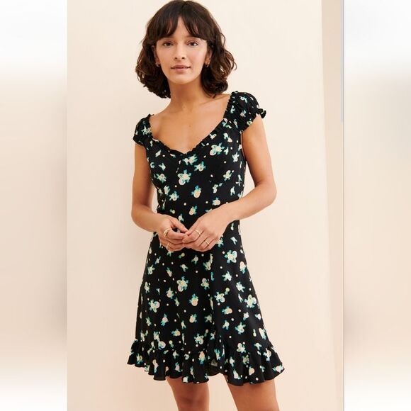 Free People Like a Lady Lemon Print Ruffle Hem Tie Back Mini Dress medium - Picture 1 of 8